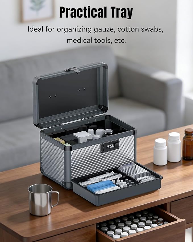 Uniclife Medicine Lock Box,9.5x6x6.5 in, Medication Lock Box with Code | Security combination lock, robust aluminum construction, portable rust-proof handle, removable ABS tray