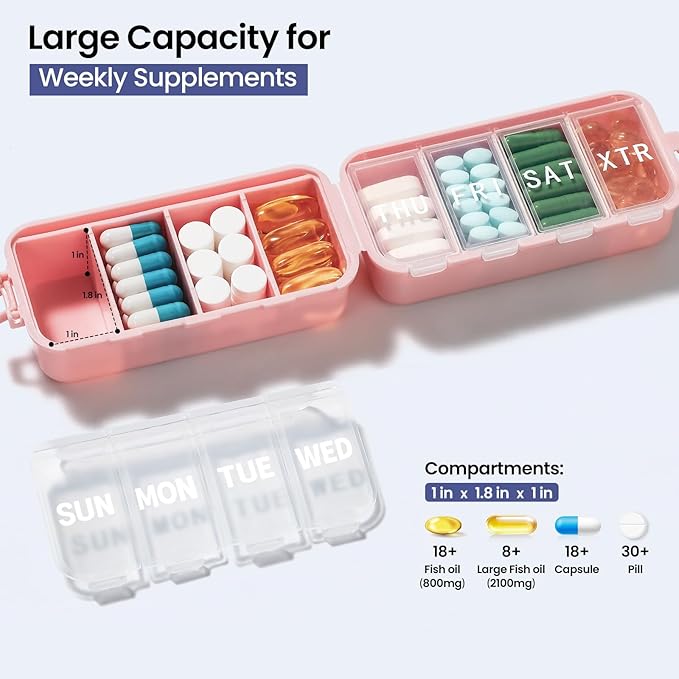 NEW Foldable Weekly Pill Organizer Large,Cute & Portable Pill Box 7 Day 1 Time a Day,8 Grids with Excess Space for Emergency Use,Daily Travel Pill Case Holder Dispenser for Vitamin,Supplement- Pink