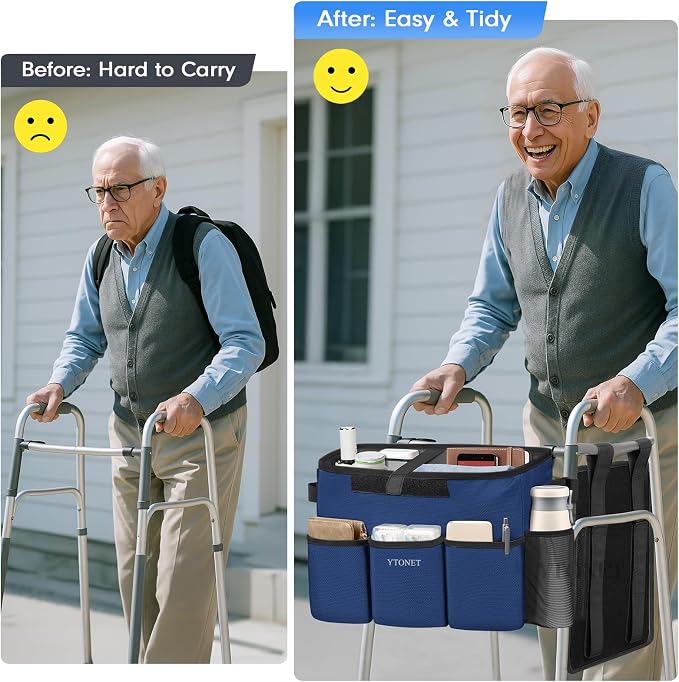 Ytonet Walker Basket with Tray, Removable Walker Tray for Folding Walker | Water Resistant Walkers Bag with Phone and Crutch Holder Large Capacity Anti-Tip Design Accessories for Seniors