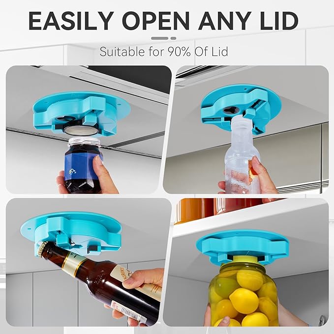 Jar Opener Bottle Opener for Seniors with Arthritis - Under Cabinet Jar Opener for Weak Hands, Rotary Lid Opener, Easy Twist-Off Lids for Jars & Bottles, Original Kitchen Gadgets (Cyan)