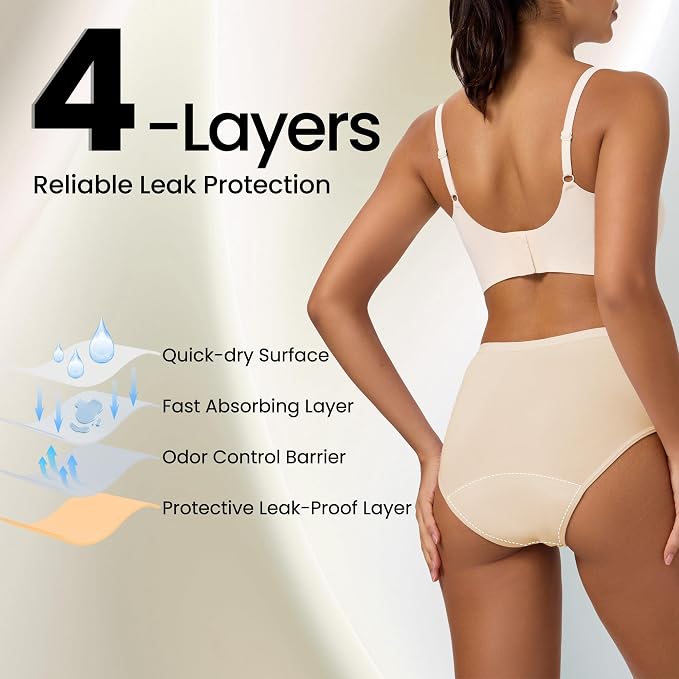 Battewa Leak Proof Underwear for Women 40ml Absorbency 3Beige 2XL | mid-waist panties,reusable,bladder leak protective briefs,pee proof,waterproof,40ml absorbent for Light to moderate leaks