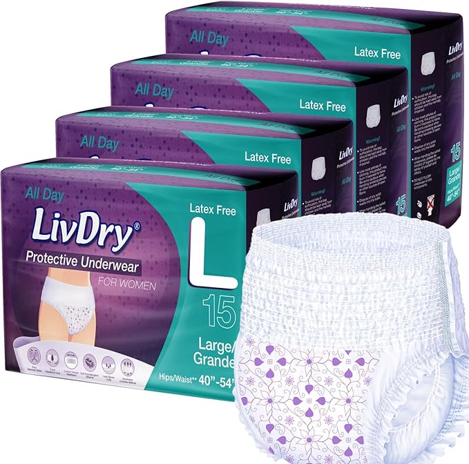 Livdry L Adult Diapers Women Overnight, Ultimate Max Absorbency, All Day or Night Protection, Large (60 Count)