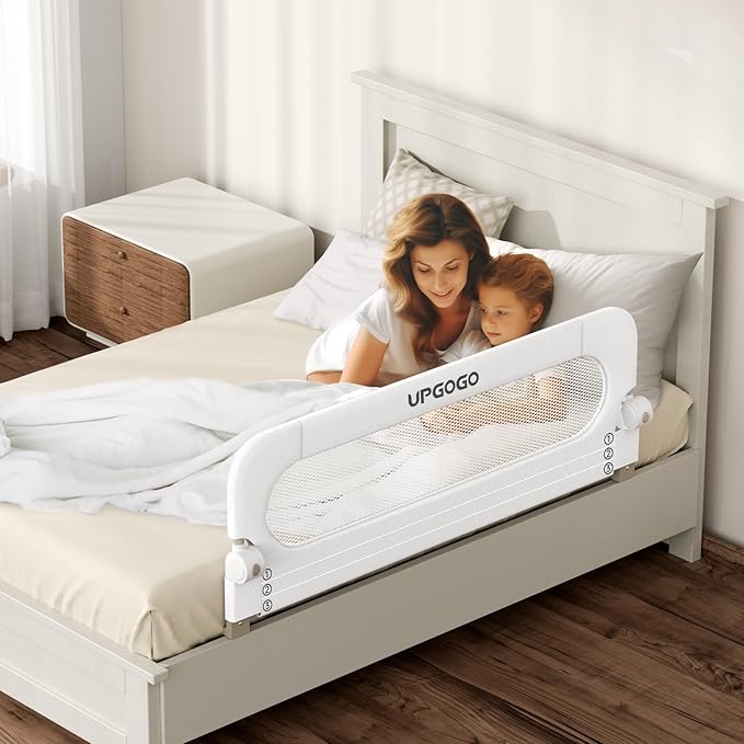UPGOGO Folding Bed Rail for Toddlers, White, 59" L x 23.6" H | U-shaped base，Reinforced Anchors, Built-in Sponge , Secure lock