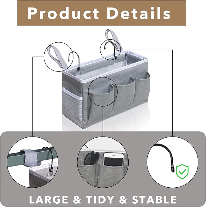 Kanrichu Bedside Caddy Hanging Storage Bag, Organizer Baskets with Pockets for Bunk Bed Accessories, Loft & Dorm Rooms Chair Bed Rails (Khaki-2pcs)