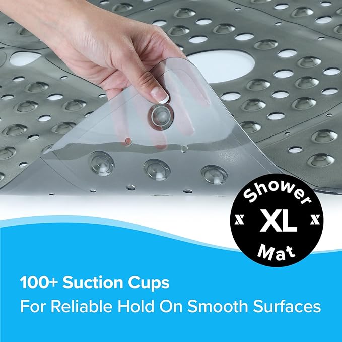 SlipX Solutions 27" Oversize Square Shower Mat, Non-Slip Mat for Elderly & Kids, 100+ Power Grip Suction Cups for Smooth Surfaces, Machine Washable, Translucent Gray