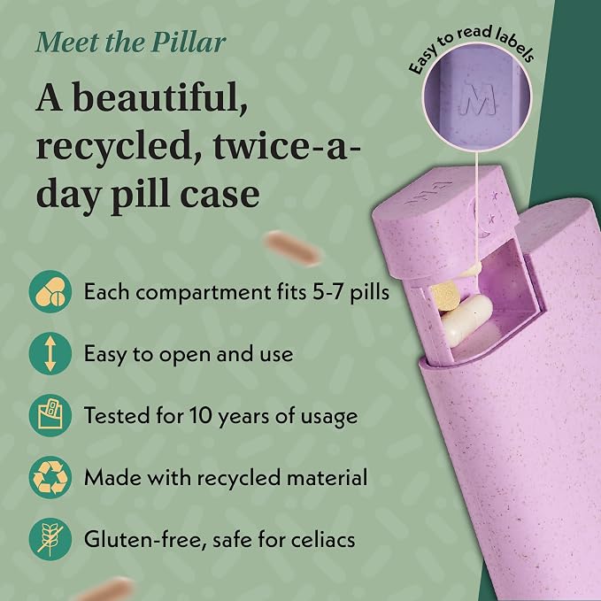 Pillar AM/PM Pill Box Organizer Two Times a Day | Aesthetic 7 Day Tablet Organizer 2 Times A Day | Beautiful Weekly Pill Box for Day and Night Medication (Lavender)