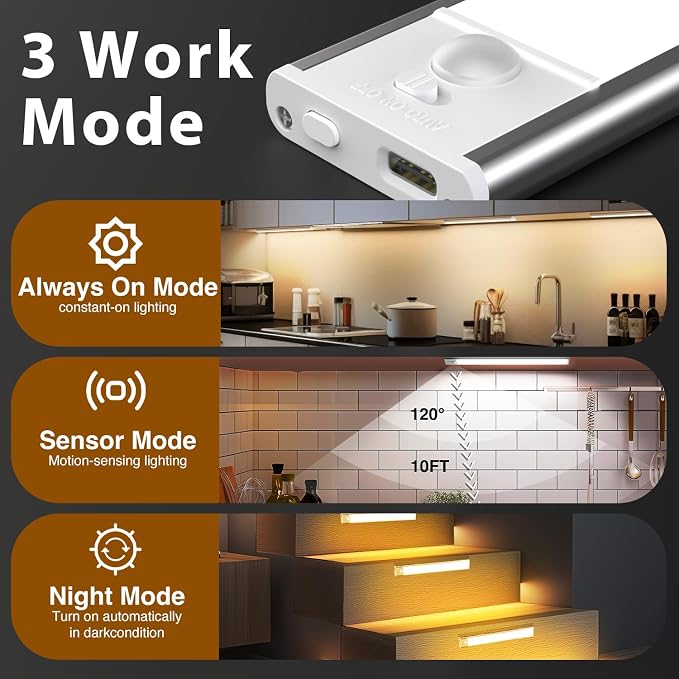 DAYBETTER 8inch Under Cabinet Lighting,2 Pack Motion Sensor Light Indoor | Rechargeable Light,3 Color Temps,5 Levels Dimmable,Magnetic Closet Lights,Wireless Under Counter Lights for Kitchen,Bookshelf