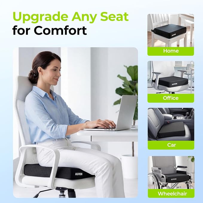 AUVON Gel Ventilation Seat Cushion with Innovation Heat Dissipation Design | Supportive Memory Foam Wheelchair Cushion for Back & Tailbone Comfort, Waterproof Cover, Anti-Sore & Ulcer, Buckle Strap