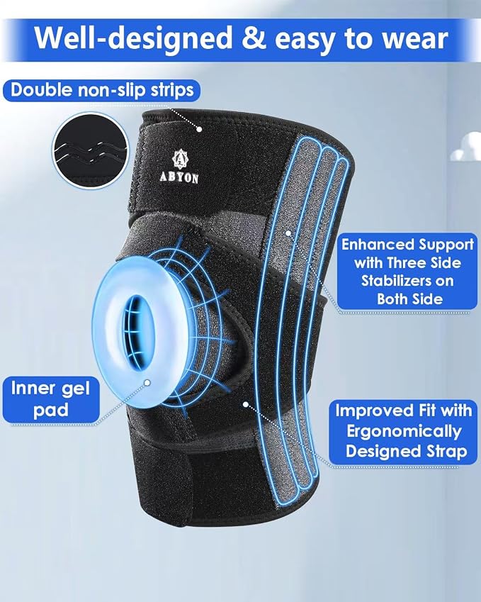 ABYON Knee Brace for Women & Men Meniscus Tear, ACL, Arthritis, Knee Support with Triple Side Stabilizers and Adjustable 360° Wraparound Strap for Maximum Knee Pain Support and Fast Recovery ( Black-Grey, M)