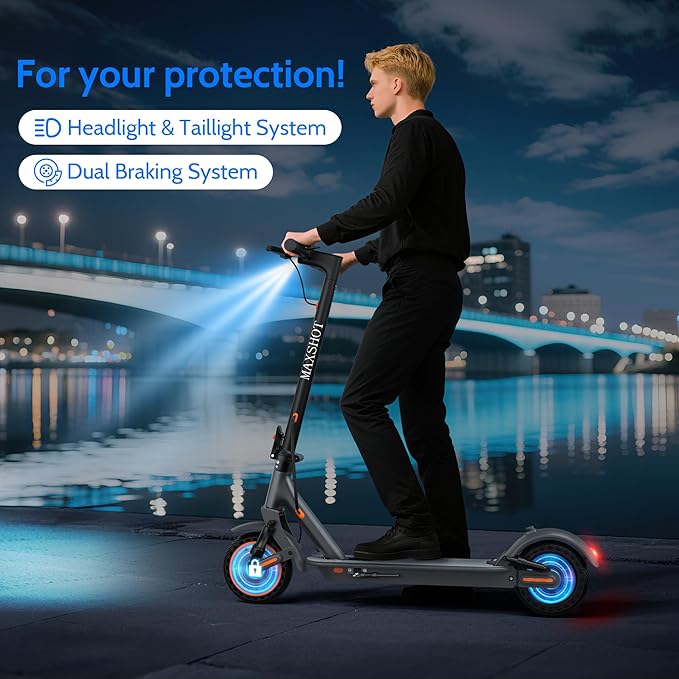 Maxshot Electric Scooter, 8.5" /10" /14" Tire, 16/19/22 Mph Top Speed, 12/16/21/27/28/49/50 Miles Long Range, Folding Escooter for Adults and Kids with Seat Bag, Dual Braking, Dual Suspension, App