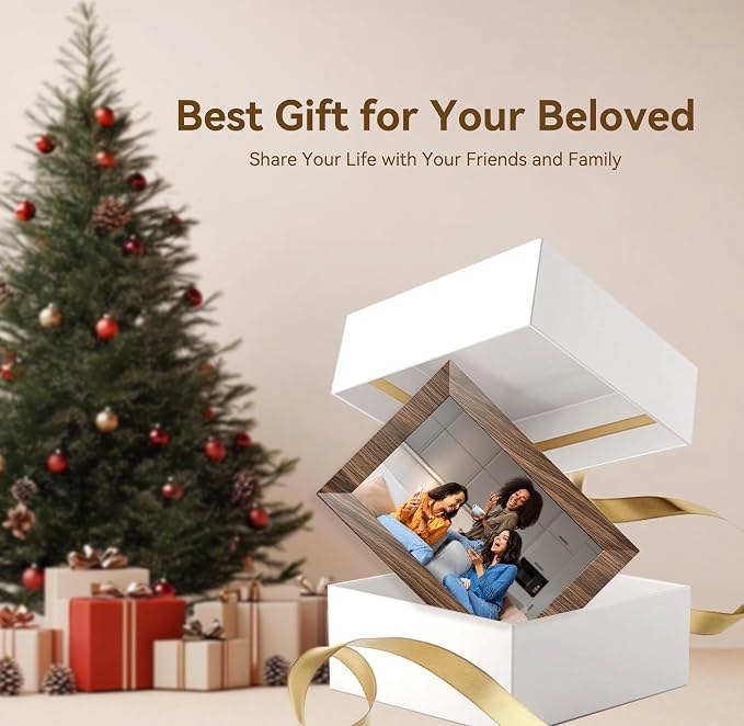10.1 Inch Digital Picture Frame with 32GB Storage, WiFi Digital Photo Frame 1280x800 HD IPS Touchscreen, Easy Setup for Photo & Video Sharing via Free App, Brown Wood Grain