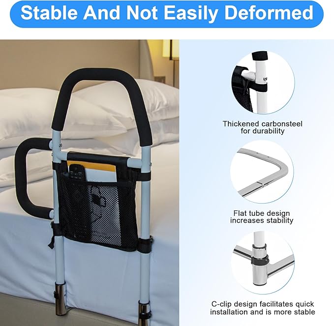 Bed Rails for Elderly Adults Safety-Bed Assist Rail with Double Grab Bars & Fall Prevention Guard & Storage Pocket Fits King, Queen, Full, Twin, Support Up to 300lbs,Height 25.6'' (Double Grab Bars)