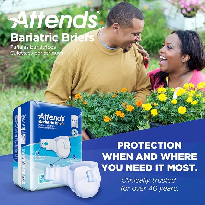 Attends Bariatric Incontinence Disposable Briefs, 4X-Large, Up to 106" Waist with SecureGrip Tab Closure, Ultimate Absorbency, Dry-Lock Containment Core & ConfidenceCuff Leakage Protection, 32ct Case