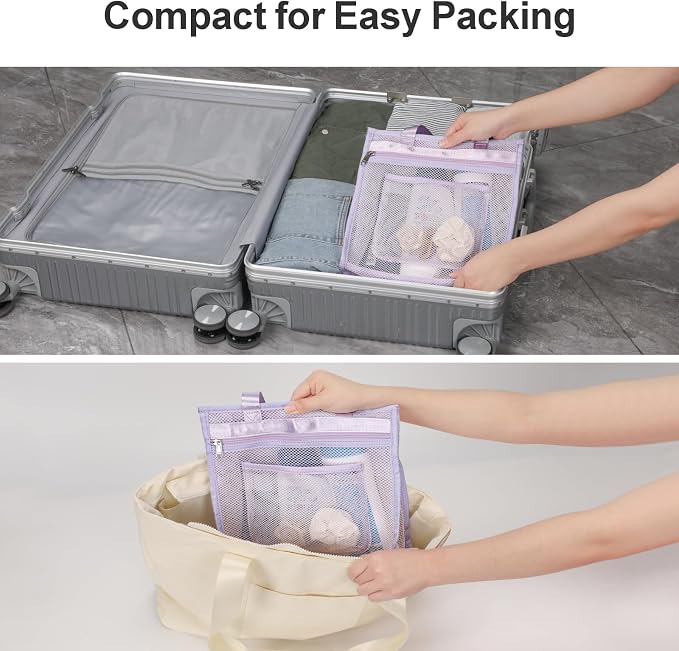 Small Mesh Shower Caddy Portable - Zipper Gym Shower Bag for Travel, Purple | 3 Pockets, Quick-Dry Mesh, S-Hook, Hanging Shower Caddy for Toiletry Essentials, Bathroom & Camping