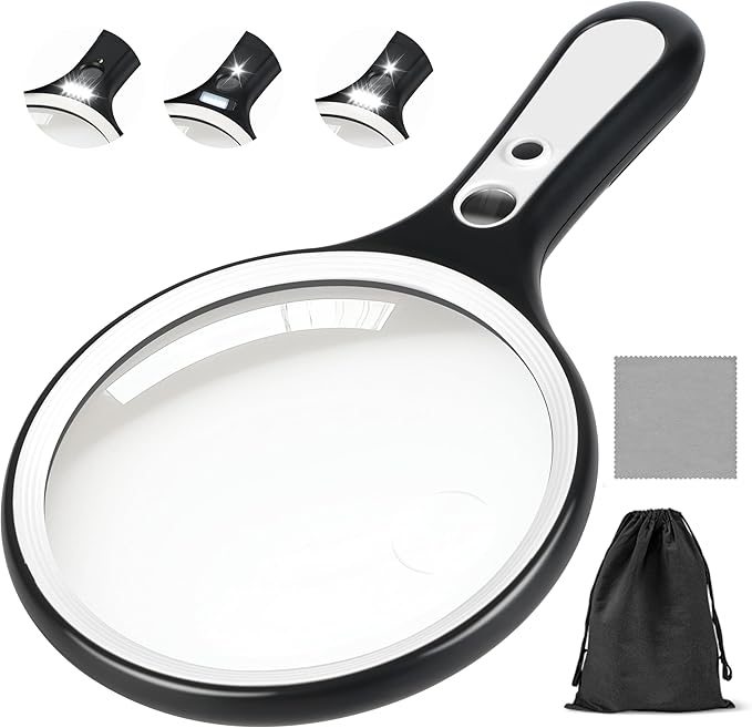 Magnifying Glass with Light for Reading: 5.31” Large Handheld Magnifier Lighted Glasses with 6 LED for Page Book, Small Prints, Coins, Jewelry, Best Lens Gifts for Seniors, Low Vision Elderly