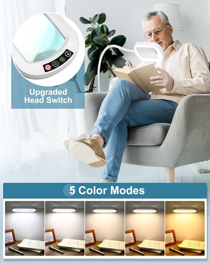 12X Rectangle Magnifying Glass with Light and Stand, 24" Flexible Gooseneck 3-in-1 Floor Lamp, 5 Color Modes Stepless Dimmable, LED Lighted Hands Free Magnifier for Reading Painting Close Work - White