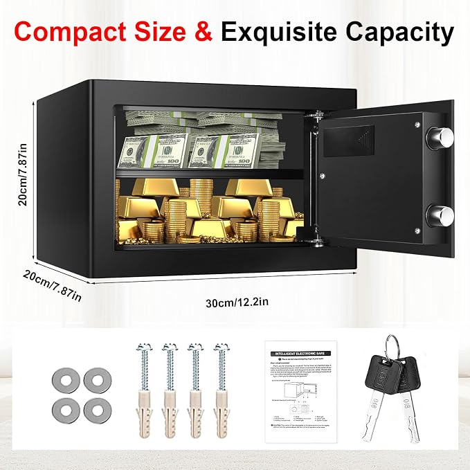 1.0 Cub Small Safes for Home Use Fire and Water Proof, Digital Security Fire Safe Box with Combination Lock, Spare Keys and Removable Shelf, Home Safe Fireproof Waterproof for Document Money Valuables