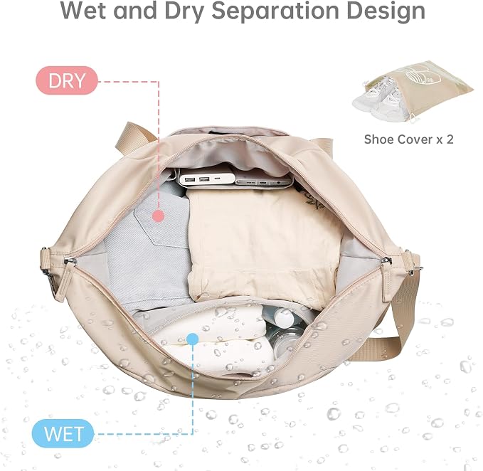 Gym Bag for Women, 45L Carry On Travel Duffel Bag with Shoes Compartment, Weekender Overnight Bag with Wet Pocket for Women, Travel, Gym, Weekend, Large Size