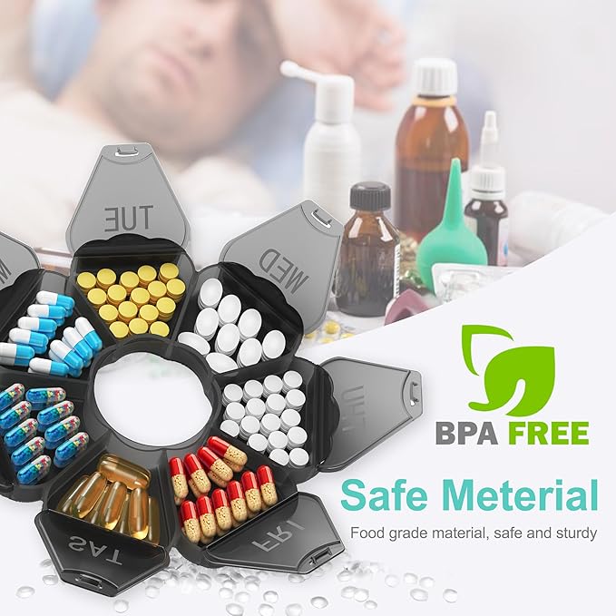 Enlarged Weekly Pill Organizer 7 Day, Daily Pill Box with Never Faded Etched 3D Date Labels, Travel Pill Case with Large Compartment for Medication, Vitamin, Fish Oil, Supplements(Black)