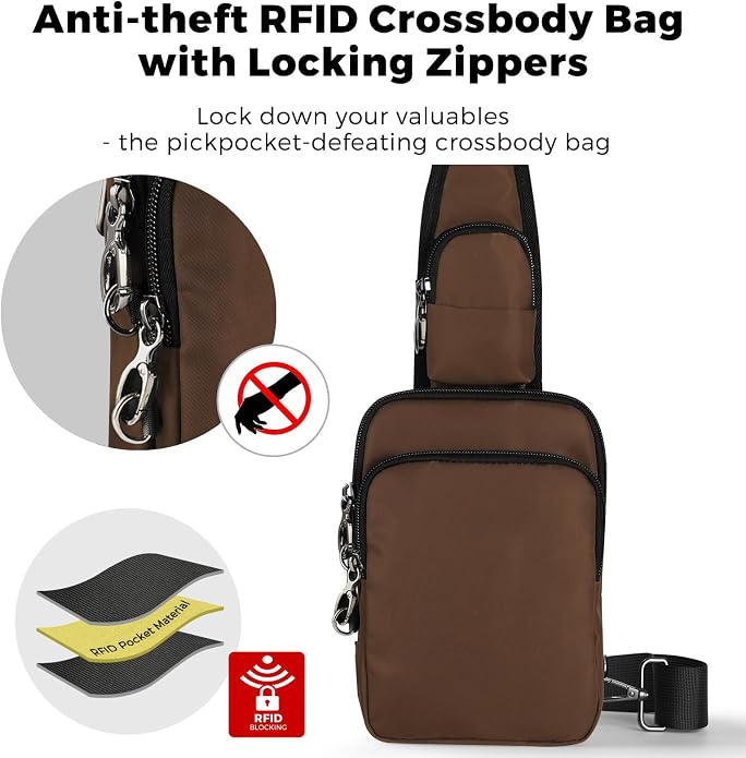 Sling Bag, Crossbody Bag with Zipper Lock, RFID Blocking & Water Resistant for Men and Women