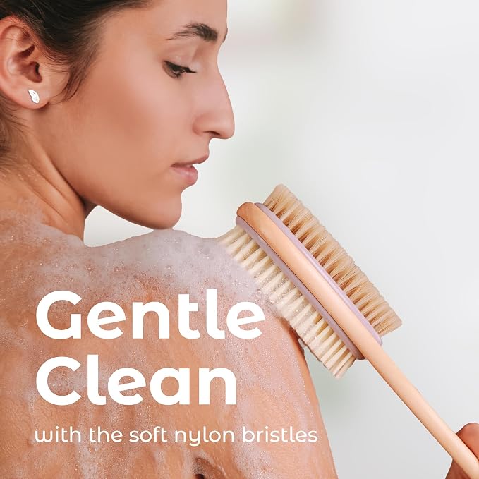 MainBasics Back Scrubber Shower Brush, Lavender, Long Handle | Dual Sided Body Brush, Exfoliating Bristles and Soft Bristles, Back Scrubbing, Deep Cleaning