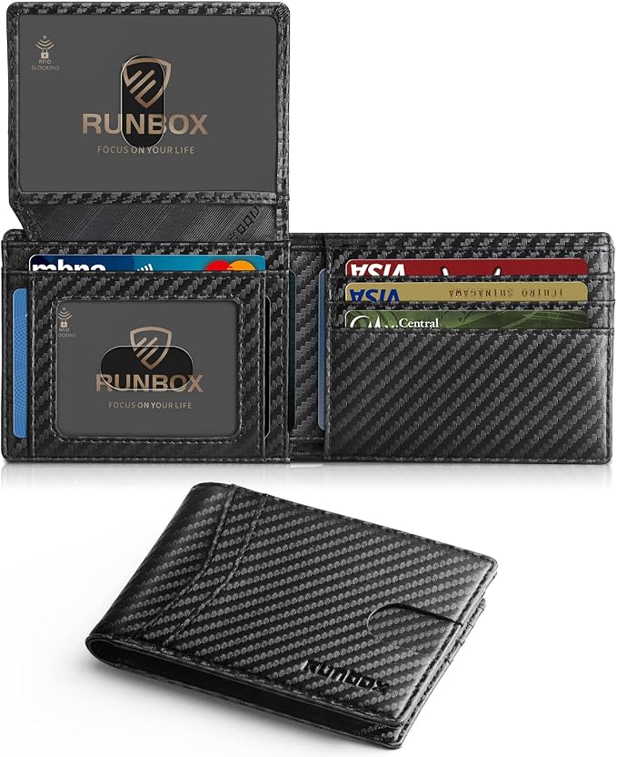RUNBOX Wallet for Men -Slim Rfid Leather Mens Bifold Novelty Wallets 2 ID Window With Gift Box Men's Accessories | Minimalist Front Pocket Design, Holds 15 Cards, Large Capacity with Cash Pocket,Compact and Thin, Birthday Gifts for Men