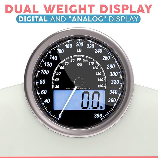 Hybrid Bathroom Scale - Analog & Digital Display, Accurate to 400 lbs | See weight on both an analog dial and digital LCD at once. Wide glass platform, accurate to 0.2 lbs, batteries included.