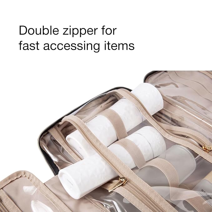 BAGSMART Toiletry Bag Travel Bag with Hanging Hook, Checkered Makeup Cosmetic Bag Travel Organizer for Accessories, Shampoo, Full-size Container, Toiletries (Khaki Checkerboard, Medium)