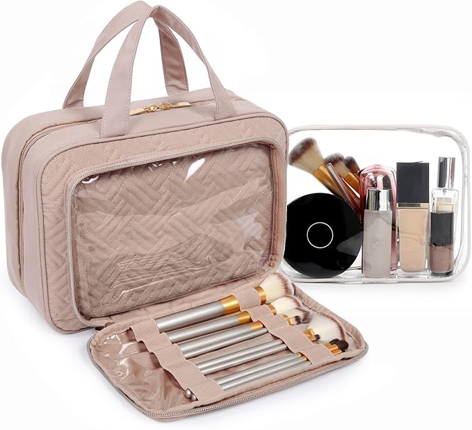 BAGSMART Toiletry Bag Hanging Travel Makeup Organizer with TSA Approved Transparent Cosmetic Bag Makeup Bag for Full Sized Toiletries, Medium-Pink