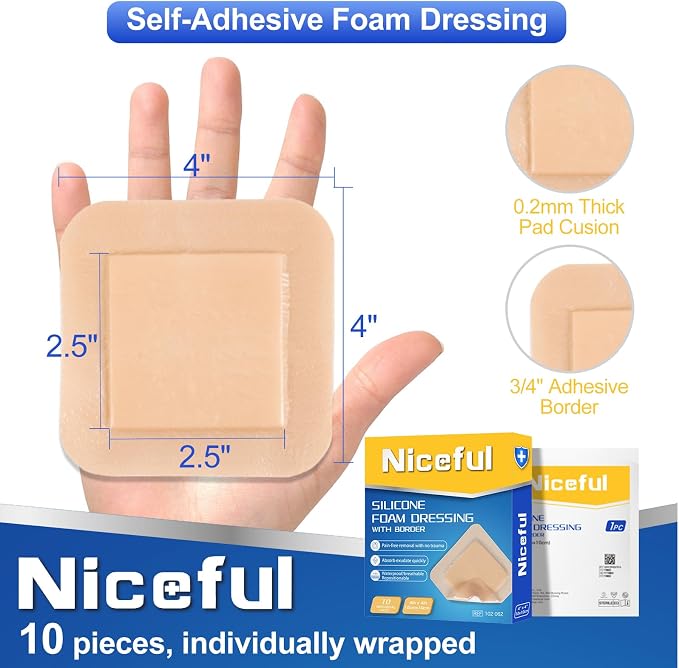 Silicone Foam Dressing 4"x4"(10 PCS), Waterproof Silicone Large Bandages for Wound with Border Adhesive, High Absorbency Bed Sore Bandages Wound Care Dressing (2.5"X2.5" Pad)