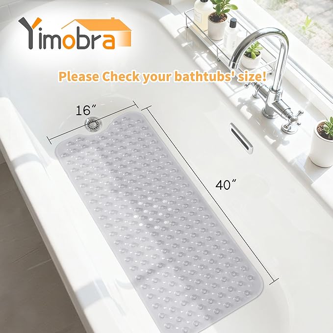 Yimobra Non Slip Bathtub Mat 40"x16", Super Strong Suction Cups, Extra Long Shower Mat with Drain Holes, Machine Washable Fast Draining Bathroom Floor Mat, Clear Grey