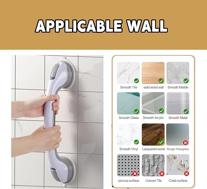 2-Pack Grab Bars for Bathtubs and Showers, 16 inch Shower Handle Suction Shower Bar, Safety Bars for Shower Chair, Bathroom Grab Bar for Senior，No Drilling Removable (Gray, 16 inch)