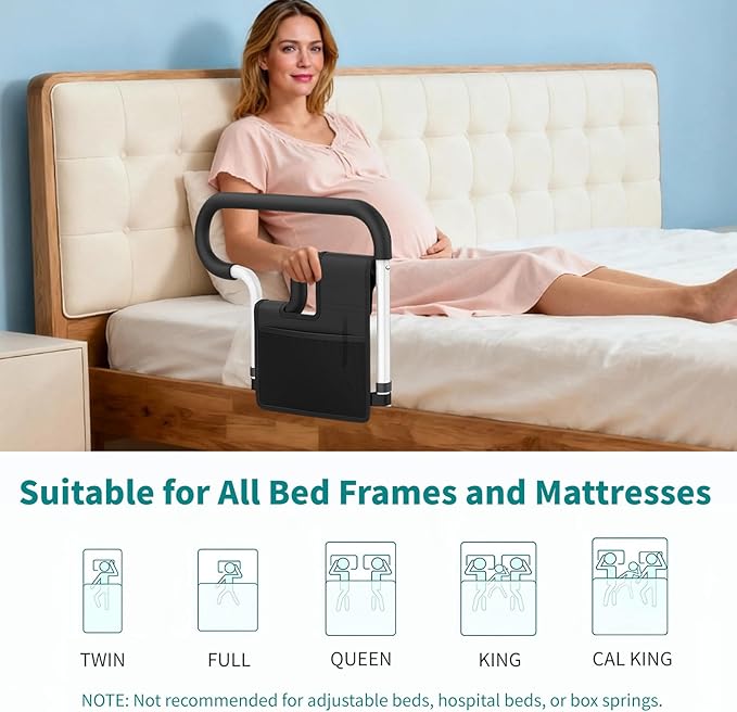 Bed Rails for Elderly Adults Safety, Adjustable Bed Assist Rail for Seniors, Bed Safety Rail with 2 Storage Bag and Fixing Strap, Fit King, Queen, Full, Twin, Supports 300 lbs