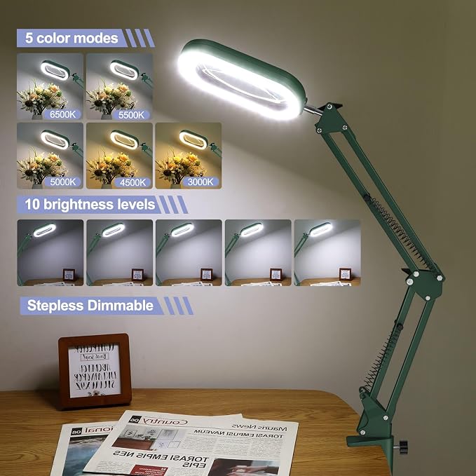Drdefi 12X Square Magnifying Glass with Light and Stand, Real Glass LED Lighted Magnifier, 5 Color Modes Stepless Dimmable, Hands-Free Mag Desk Lamp with Clamp for Reading Craft Hobby Close Work Green