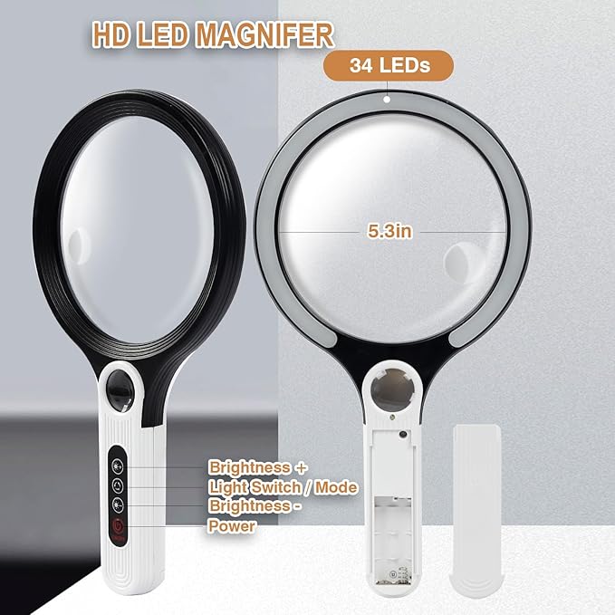 Large Magnifying Glass with Light, Ebbnivs Handheld Magnifying Glasses Magnifier with 5 Light Modes & 10 Level Brightness Gift for Elderly Reading Close Work Hobby