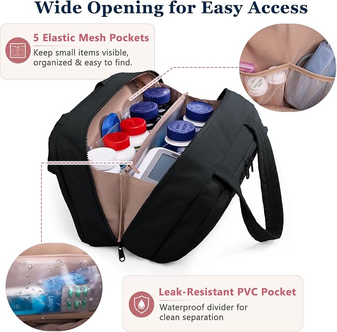 BAGSFY Travel Medicine Bag with 2 Separate Compartments, Wide-Opening Medication Organizer, Puffy Medical Storage Bag for Prescription Bottles, Pill Cases, Medical Supplies,Travel & Family Emergency