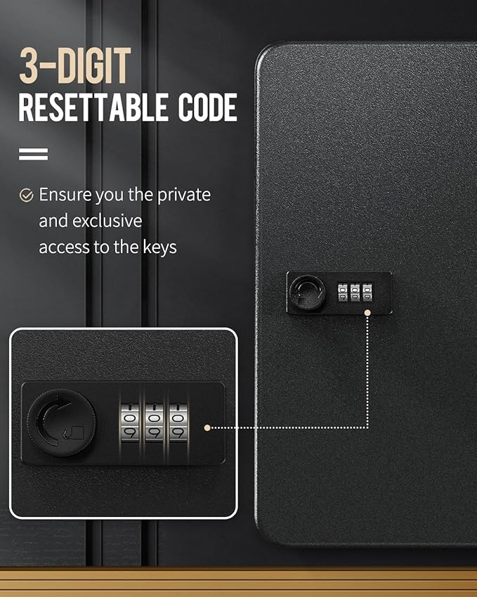 Uniclife 60 Position Key Cabinet with Combination Lock Resettable Black Digital Security Storage Box Steel Key Organizer with Colorful Key Tag Labels Stickers and Hooks