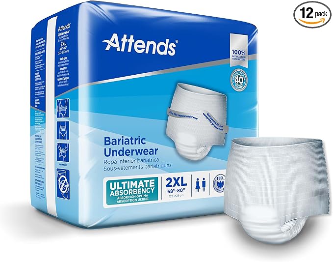 Attends Bariatric Adult Incontinence Underwear, 2X-Large (68–80”), [12 Count] – Overnight Absorbency for Men and Women, Disposable Pull-On Diapers with Tear-Away Sides, AU50