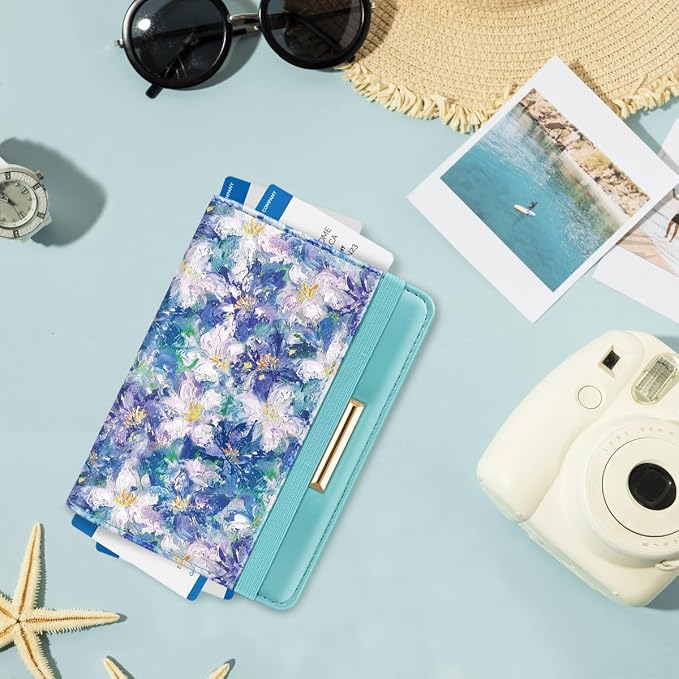 Coco Rossi Passport Holder for Travel Women Slim RFID Passport Cover Wallet | Travel Essentials, Passport Book Holders, Passport Wallet Cover Case, PU Leather, Cute, Thin, Spliced Design, Blue Flower