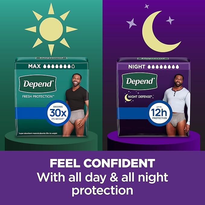 Depend Night Defense Adult Diapers, Incontinence Underwear for Men, Disposable, Overnight, Large, Grey, 56 Count (4 Packs of 14), Packaging May Vary