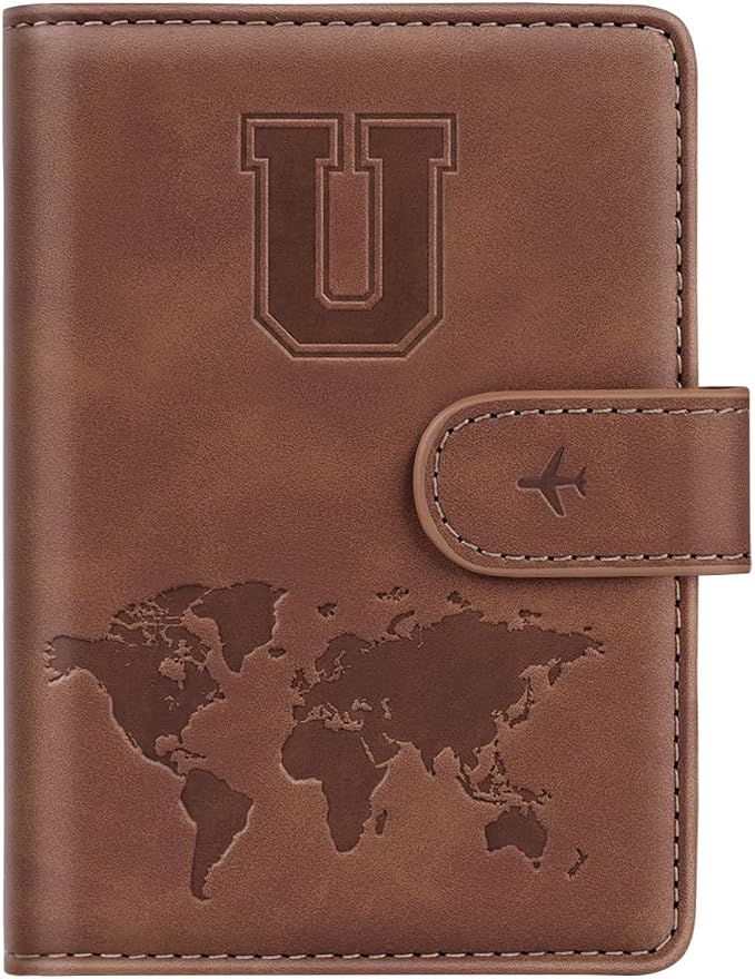 Passport Holder Wallet Cover Personalized Initial Travel Essentials | Embossed Letter A-Z Design, Travel Wallets, RFID Blocking, Passport Book Holders, Women and Men, Personalized Gifts, Brown-U