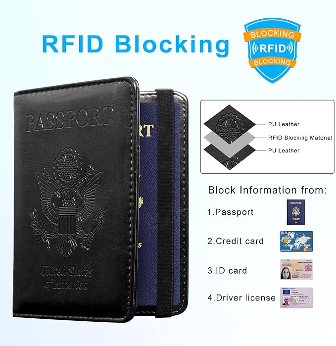 ACdream Passport Holder Cover, Leather Travel Wallet Case, RFID Blocking Document Organizer Protecrtor, with Slots for Credit Cards, Boarding Pass, for Women and Men, Black