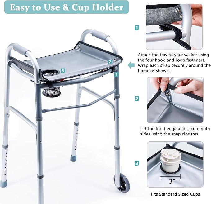 BAGSFY Walker Tray with Cup Holder – Hard Top Walker Accessory for Seniors – Folding Walker Table for Meals, Reading, Drinks – Non-Slip, Easy Install, Universal Fit