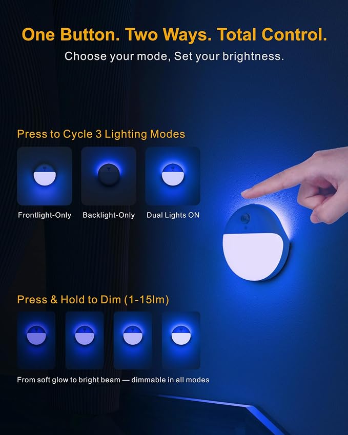 Toilet Light Motion Sensor, Dim Blue Night Light Battery Operated | 2 Pack, 3 Modes, Dimmable 1-10lm, Soft Glow, Motion Activated LED Nightlight, Wireless Stick on Light for Kids, Bathroom