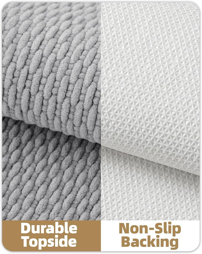 Color&Geometry Bathroom Rugs with Rubber Backing, Non Slip Machine Washable Bath Mat, Soft Absorbent Chenille Boho Carpet for Bathroom Floor, Tub and Shower,17"x47", Light Grey