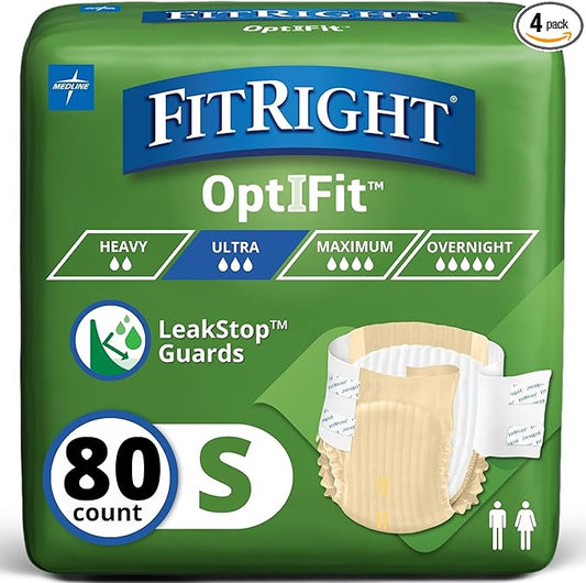 FitRight Adult Diapers, Ultra Heavy Absorbency, S (Waist Size 20in-32in), 80 Count, OptiFit Incontinence Briefs for Men and Women, Disposable, Moisture-Wicking, Leak Protection,