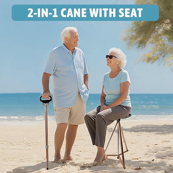 ALEVMOOM Walking Cane with Seat Folding Lightweight, 2-in-1 Cane Stool for Adults, Aluminum Walking Stick with Seat, Stick Chair Portable Stool for Senior