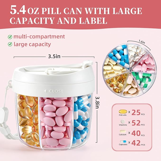 Pill Organizer,Travel Essentials Pill Container, Travel Pill Dispenser with White Lid，Pill Case Having 7 Large Compartments,Vitamin Organizer for Home Organization,Travel Containers