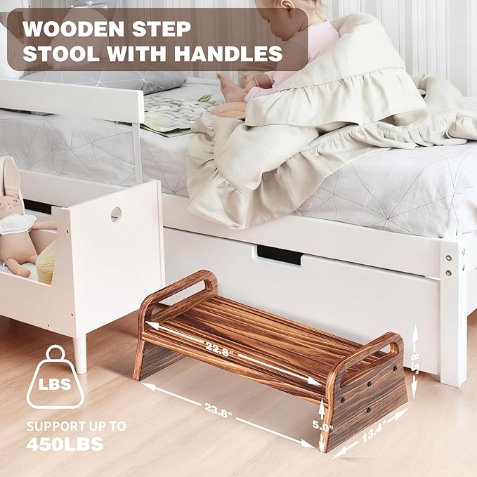 5.0in Height Wooden One Step Stool with Two Handles, Solid Pine Wood Step Stool for Kids Seniors Adults, Portable Use for High Bed, Kitchen & Bathroom.