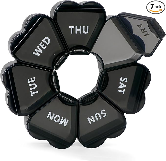 Pill Organizer Weekly - Cute Medicine Pill Organizer 7 Day, Large Daily Pill Box for Travel, SHIJOINYU Pill Dispenser Case 1 Time a Day for Medication/Supplement/Fish Oil (Black)